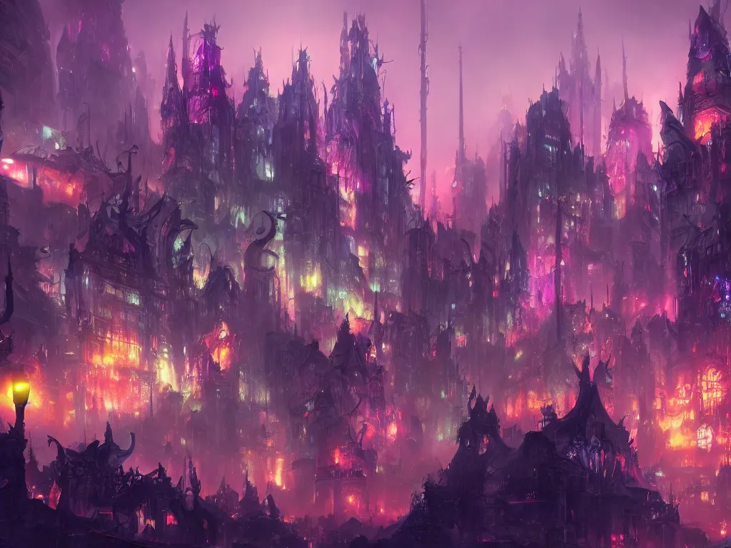 Image similar to an intimidating demon fantasy city with bright lights all in the city, painting, digital art by greg ruthowski and raphael lacoste and andreas rocha, trending on artstation, 8 k, wallpaper