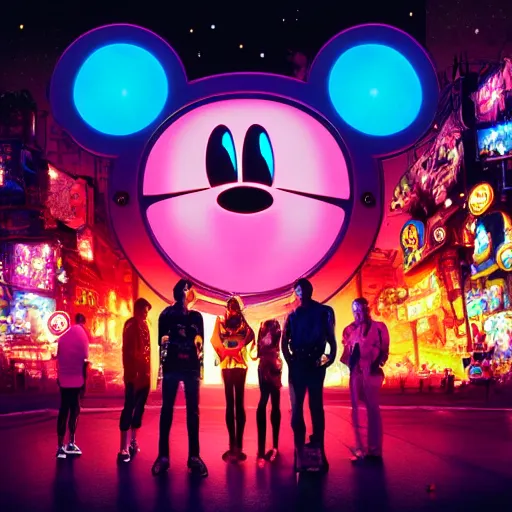 Image similar to a group of people standing around a giant one - eyed mickey mouse, cyberpunk art by david lachapelle, cgsociety, dystopian art, netflix neon logo concept art, neons, interior