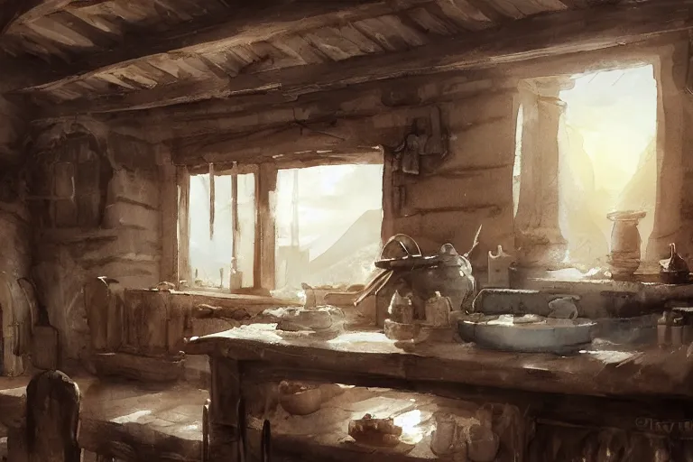 Image similar to paint brush strokes, abstract watercolor painting of rustic village fortress kitchen, interior closeup, medieval straw roof, scandinavian viking age, fog, ambient lighting, art by hans dahl, by jesper ejsing, art by anders zorn, wonderful masterpiece by greg rutkowski, cinematic light, american romanticism by greg manchess, creation by tyler edlin