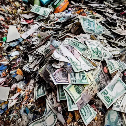 Prompt: pile of money at rubbish dump