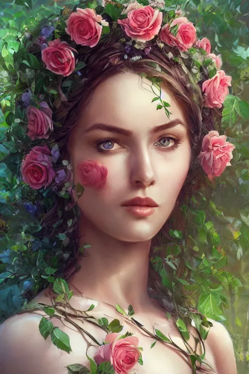 Image similar to beautiful woman in the middle of a lush garden with roses in her hair and an intricate gown, highly detailed, portrait, artstation, art by artgerm and greg rutkowski,