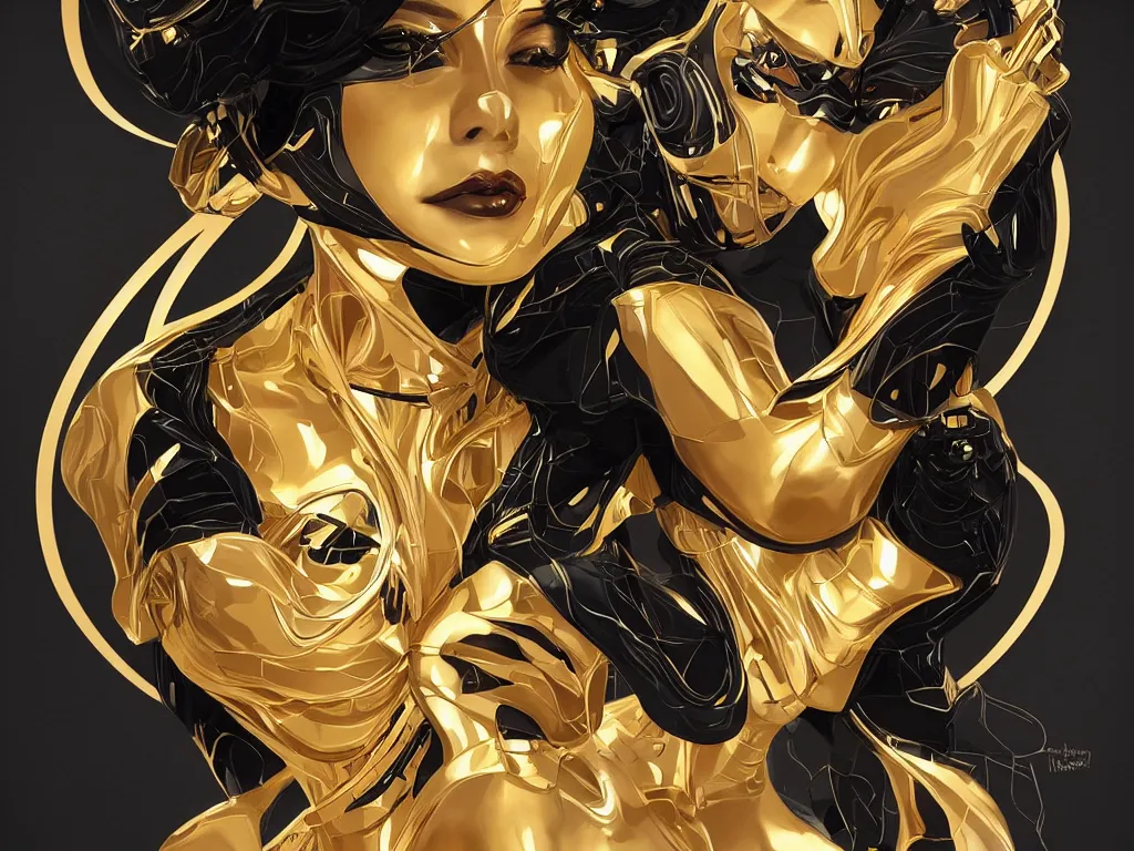 Image similar to beauty art nouveau woman, black and gold robotic, trending on artstation, by Artgerm