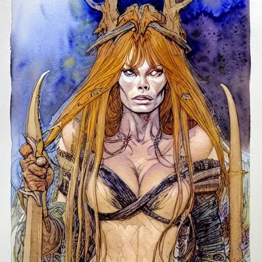 Image similar to a realistic and atmospheric watercolour fantasy character concept art portrait of brigitte bardot as a druidic warrior wizard looking at the camera with an intelligent gaze by rebecca guay, michael kaluta, charles vess and jean moebius giraud