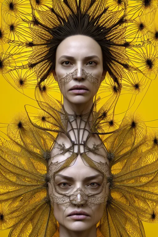 Image similar to intricate hyper detailed ultra sharp 3 d render of a witch profile portrait, 1 5 0 mm art nouveau, haute couture alexander mcqueen leaves stems, unsplash model transparent fractal dandelion yellow pistil filigree roots, intricate details, human face, facial features, elegant, hyper realistic, ultra detailed, octane render, volumetric cinematic lighting, 8 k post - production