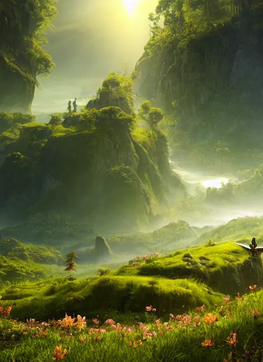 Image similar to the silhouette of a flying fairy in the distance of a lord of the rings scenery landscape, a vast lush valley flowers and wooden structures, stream, sunrise, god's rays highly detailed, vivid color, cinematic lighting, perfect composition, 8 k, gustave dore, derek zabrocki, greg rutkowski, belsinski, octane render