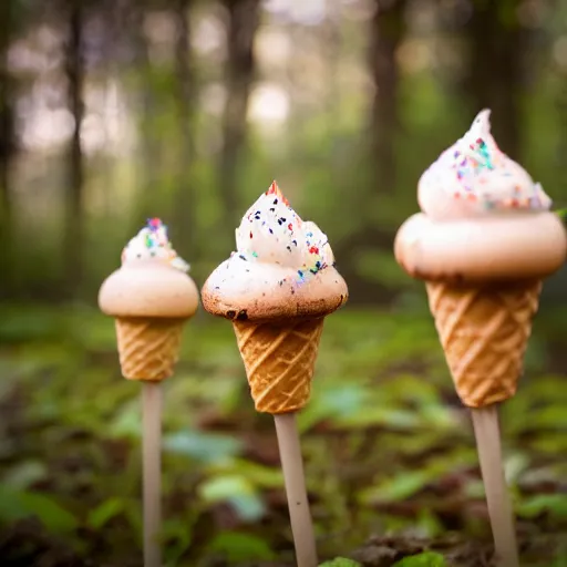 Image similar to a photograph of a clump of vanilla-chocolate swirl ice cream cones with sprinkles growing in the deep lush forest like mushrooms. Shallow depth-of-field