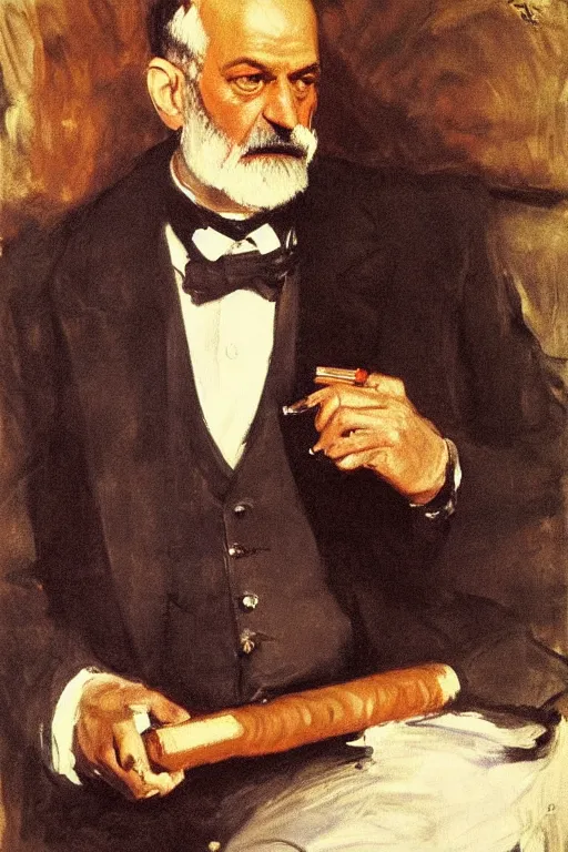 Image similar to portrait of sigmund freud, holding cigar, by john singer sargent, detailed, impressive, freudian