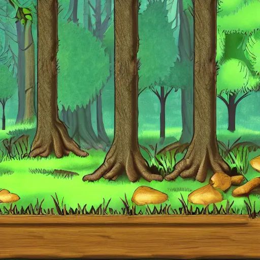 Prompt: a forest background for a point and click adventure game