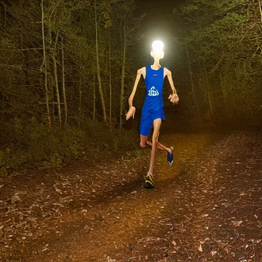 Prompt: Uncanny photograph of a tall, slim humanoid criptid running towards the camera in a forest at night