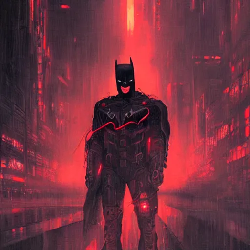 Prompt: cyberpunk batman, red symbol, futuristic, brush strokes, oil painting, city background, greg rutkowski