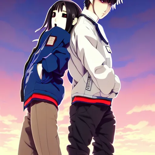 Image similar to a beautiful androgoynous anime boy gravure model, wearing oversized mayan bomber jacket and leotard with overalls, bulky poofy bomber jacket with mayan patterns, aztec street fashion, gapmoe yandere grimdark, trending on pixiv fanbox, painted by greg rutkowski makoto shinkai takashi takeuchi studio ghibli, akihiko yoshida