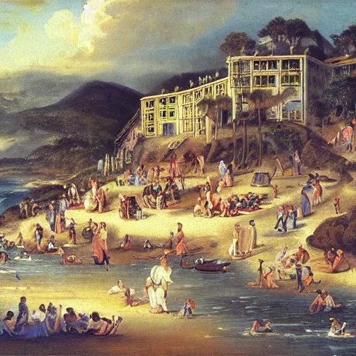 Image similar to Baroque oil painting of a Victorian beach resort