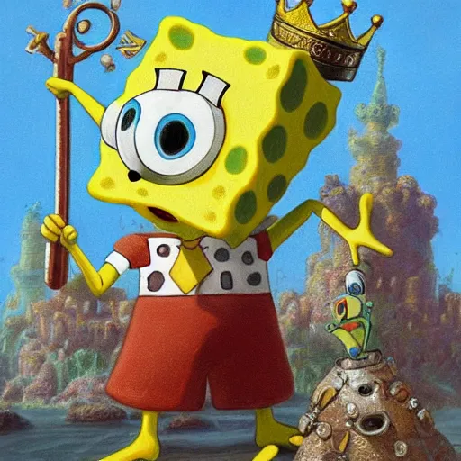 Image similar to spongebob squarepants as a king on a thrown wearing a crown, closeup portrait art by donato giancola and greg rutkowski, digital art, trending on artstation, symmetry!!