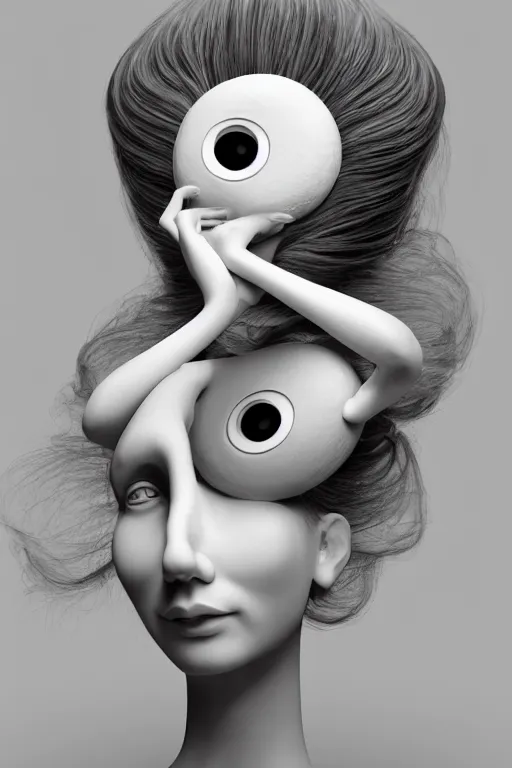 Image similar to 3 d full head and shoulders beautiful white porcelain woman with white big eyeballs all through her hair, realistic hair, 3 d swirling hair by theodor seuss geisel and daniel arsham and kim jung gi, on a white background