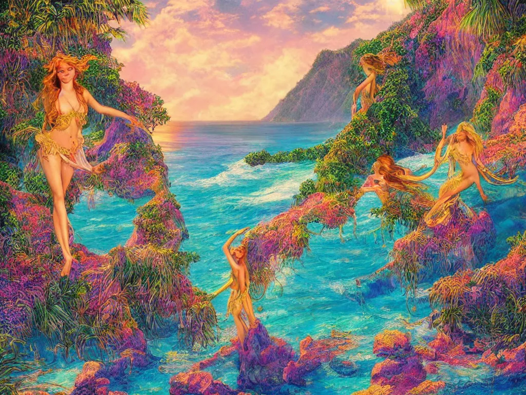 Prompt: Island beach cove of my wildest dreams, iridescent, Kauai, Sunlight Study, by Hans Zatzka and (((((((Lisa Frank))))))), Art Nouveau, 8k