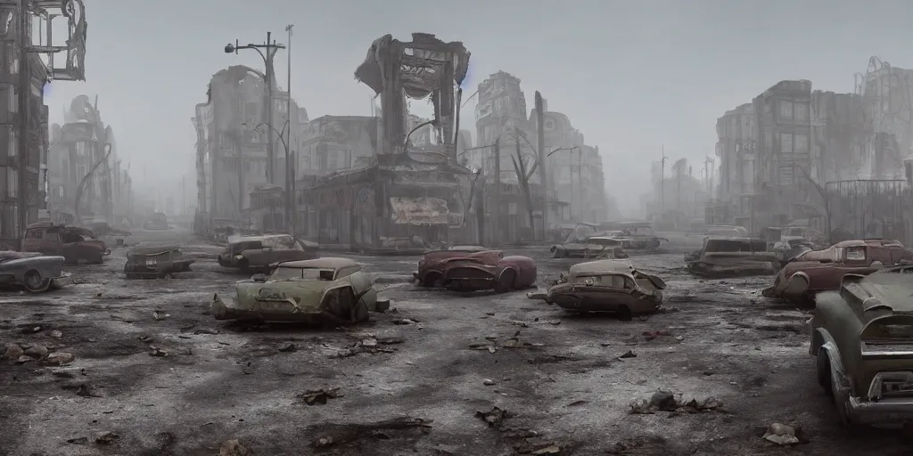 Image similar to wide angle shot of dilapidated fallout 5 city in real life, desolate dilapidated town, empty streets, nightmarish, some rusted retro futuristic fallout style parked cars, overcast, blankets of fog pockets, rain, volumetric lighting, beautiful, daytime, autumn, sharp focus, ultra detailed, cgsociety