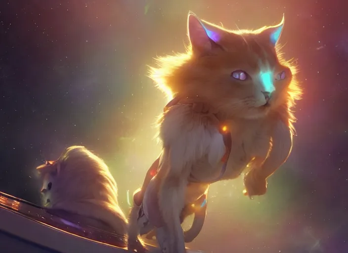 Image similar to a space cat staring role in a musical sci - fi space opera ghibli animated film, volumetric lighting, octane render by stanley artgerm lau, greg rutkowski, thomas kindkade, alphonse mucha, loish, norman rockwel,