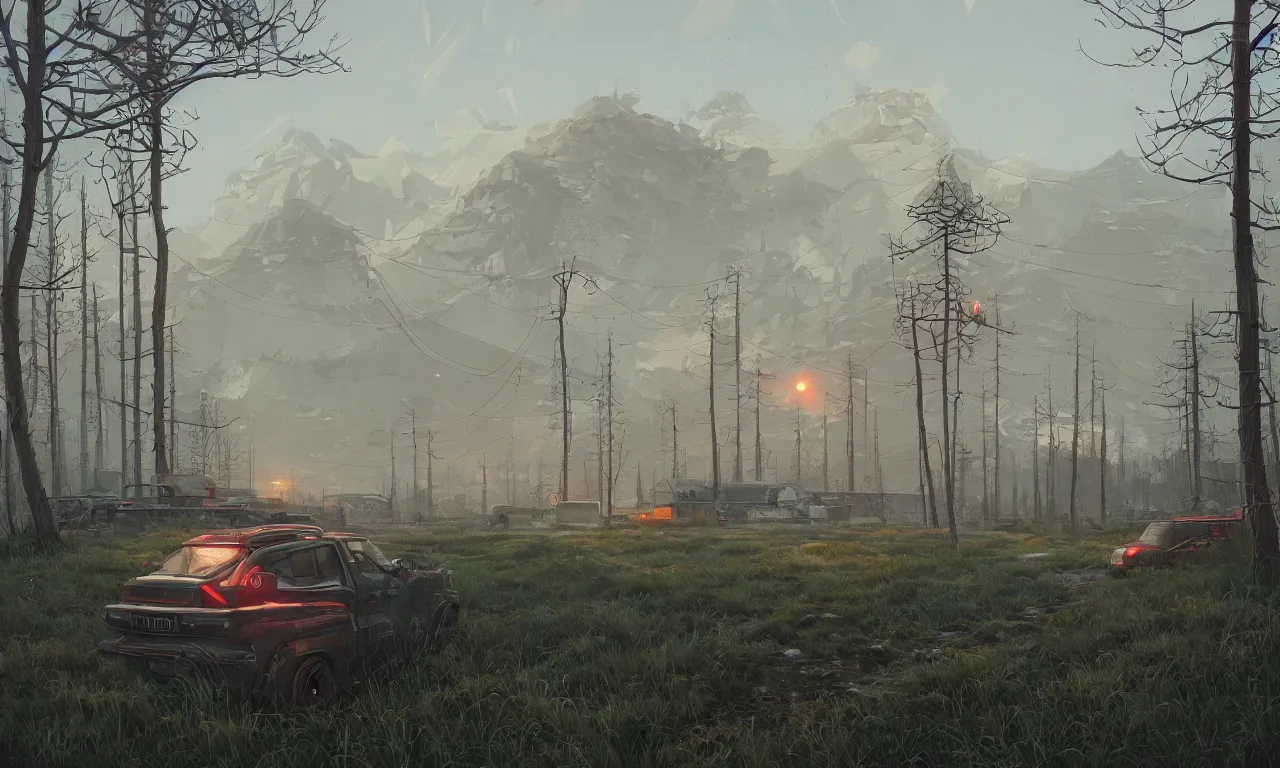 Prompt: artist simon stalenhag hyper realistic painting of a landscape in the future, high detail, artstation,