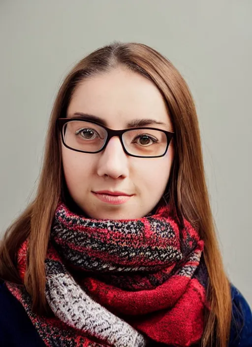 Prompt: portrait of a 2 3 year old woman, symmetrical face, scarf and glasses, she has the beautiful calm face of her mother, slightly smiling, ambient light