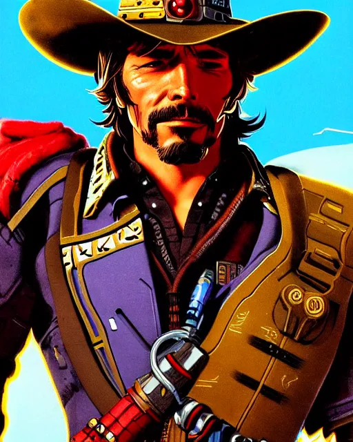 Image similar to mccree from overwatch, cyber space cowboy, outter space, cyber armor, character portrait, portrait, close up, concept art, intricate details, highly detailed, vintage sci - fi poster, retro future, vintage sci - fi art, in the style of chris foss, rodger dean, moebius, michael whelan, and gustave dore