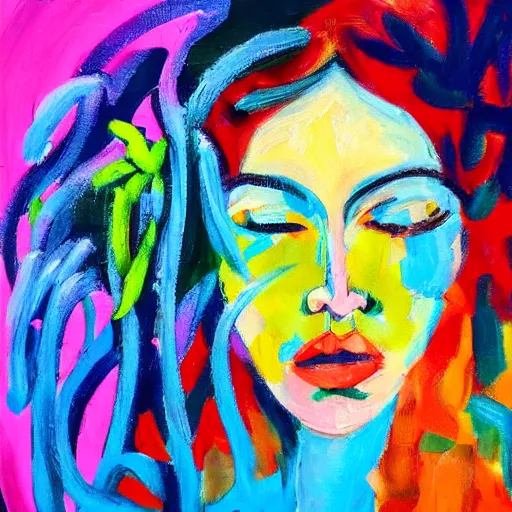 Image similar to oil painting of lilies and woman portrait in colorful abstract style