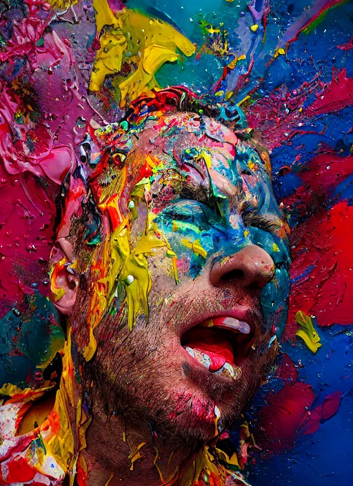 Image similar to abstract expressionist mid shot portrait of a man made of very thick impasto paint and acrylic pour and coloured powder explosion and splashing paint and dripping paint and flying paint chunks, eyes closed or not visible, expressing strong emotions, art by antony micallef, motion blur, hyperrealistic, intricate art photography, anatomically correct, realistic crisp textures, 1 6 k