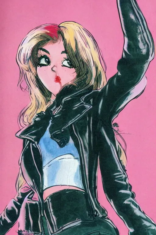 Image similar to portrait of an attractive young female protagonist, center focus, wearing leather jacket, in city street, detailed face, artwork by ralph bakshi