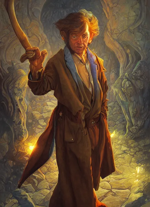 Image similar to portrait painting of hobbit mage, rpg portrait, ambient light, dynamic lighting art by boris vallejo, karol bak, geof darrow