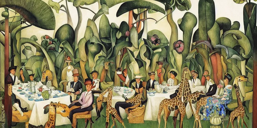 Image similar to elegant victorian tea party with giraffes in an english summer garden patio, diego rivera - h 7 6 8