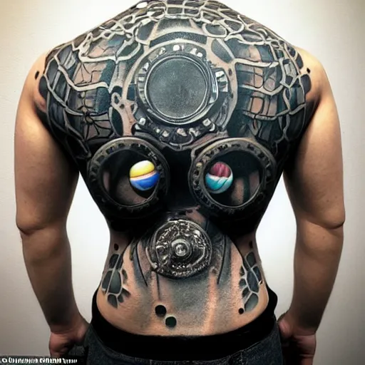 Image similar to backside on the shoulders is a tattoo of a hole in the skin with multicolored robotic mechanics and belts gears and motorparts inside under the skin, insanely integrate, 3 d