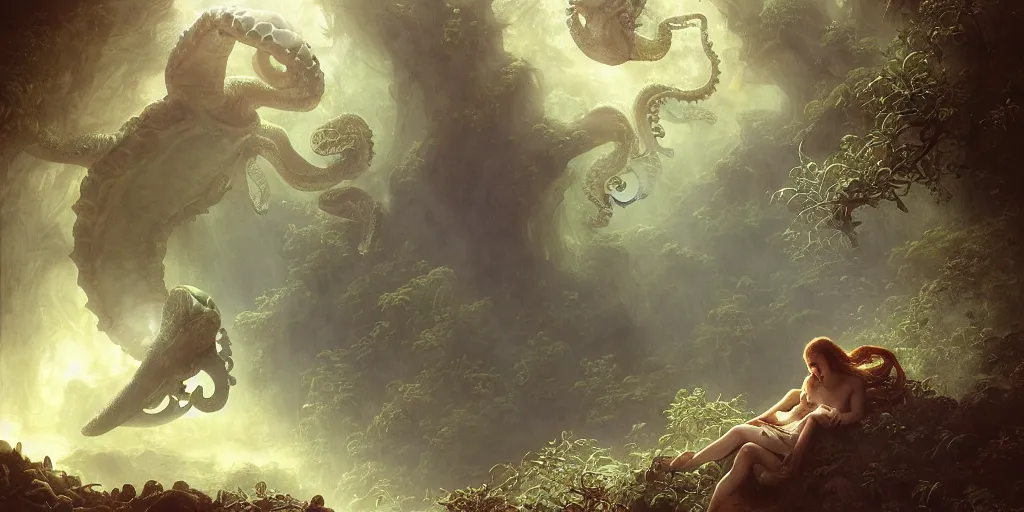 Image similar to Fantasy fairytale story, Great Leviathan Turtle, cephalopod, Cthulhu Squid Terrapin, Mysterious Island, center Universe, hybrid, Reptilian Cyborg, intense celestial fantasy atmospheric lighting, hyper realistic, William-Adolphe Bouguereau, François Boucher, Jessica Rossier, Michael Cheval, michael whelan, Cozy, hot springs hidden Cave, Forest, candlelight, natural light, lush plants and flowers, Spectacular Mountains, bright clouds, luminous stellar sky, outer worlds, Golden dapple lighting, Solar Flare Unreal Engine, HD,