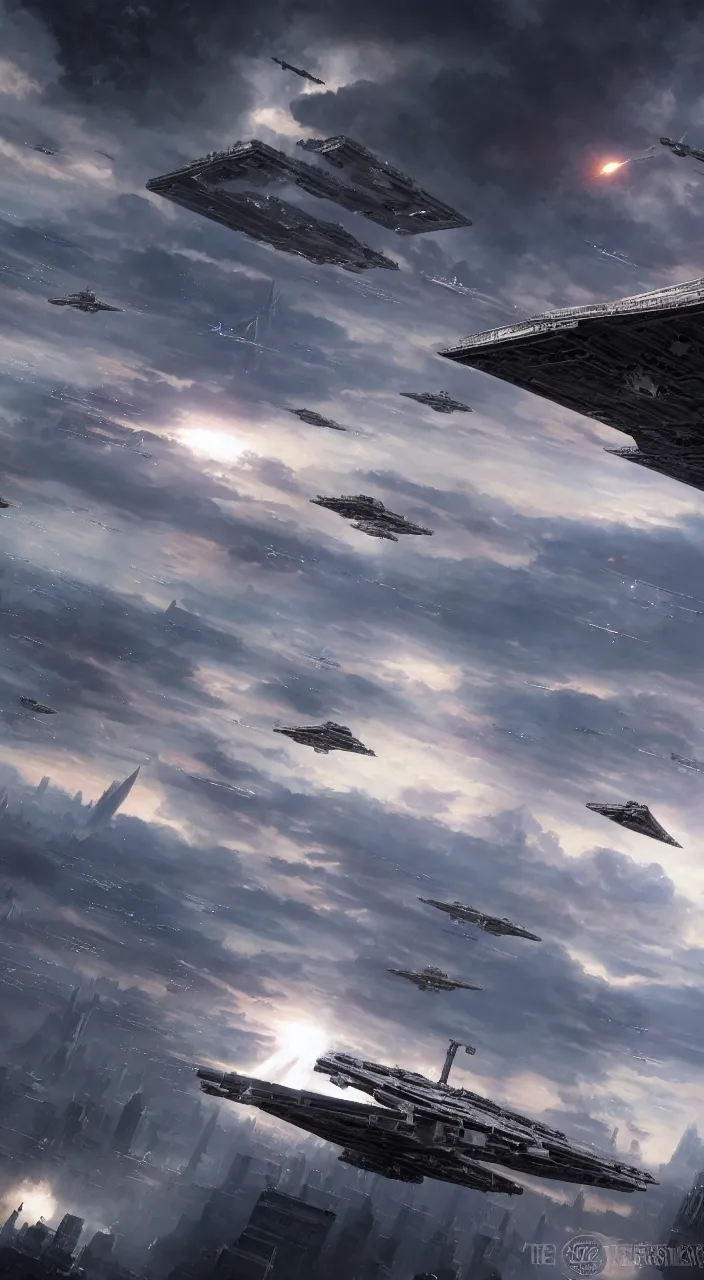 Prompt: imperial star destroyer hovering in the sky over manhattan, tie fighters zipping by, dramatic sky, cinematic, wide angle establishing shot, fantasy, hyperrealism, craig mullins, greg rutkowski, pete morbacher, tuomas korpi, tekkon kinreet, volumetric light, octane render, photorealistic concept art, highly detailed, very intricate