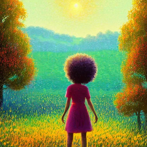 Prompt: girl with one flower afro, standing in a field with flowers, hills, big trees, sunrise dramatic light, impressionist painting, colorful clouds, digital painting, pointillism, artstation, simon stalenhag