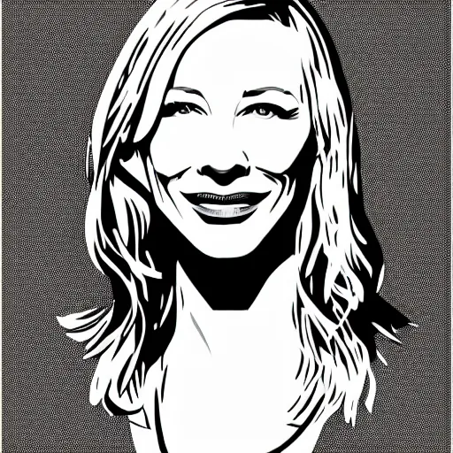 Prompt: a simplified black and white vector based illustration of cate blanchett, created in Adobe illustrator, black ink shading on white background, smooth vector curves, vinyl cut ready