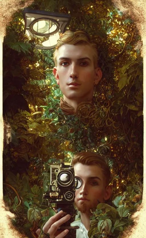 Prompt: hyper realistic male photographer looking through a vintage steampunk medium format camera, design on white background, beautiful details, lush foliage cyberpunk, gold, drawn by john singer sargent, tom bagshaw, norman rockwell, alphonso mucha, lolish, trending on artstation