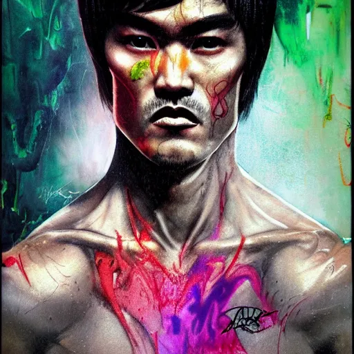 Image similar to a demon slayer portrait of bruce lee, tall, pale - skinned, and slender with lime green eyes and long eyelashes by stanley artgerm, tom bagshaw, arthur adams, carne griffiths, trending on deviant art, street art, face enhance, chillwave, maximalist, full of color, glittering