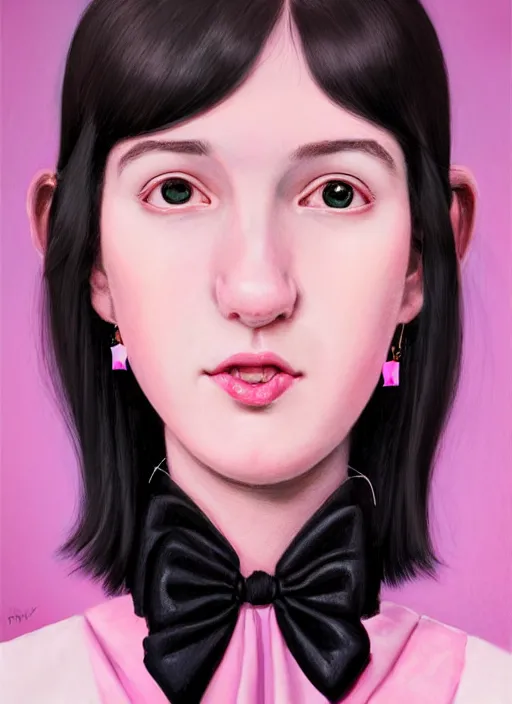 Image similar to portrait of high school girl, realistic, black hair, bangs, half updo hairstyle, pointy nose, skinny, smile, ugly, defined jawline, big chin, pink hair bow, earrings, intricate, elegant, glowing lights, highly detailed, digital painting, artstation, sharp focus, illustration, art by wlop, mars ravelo and greg rutkowski