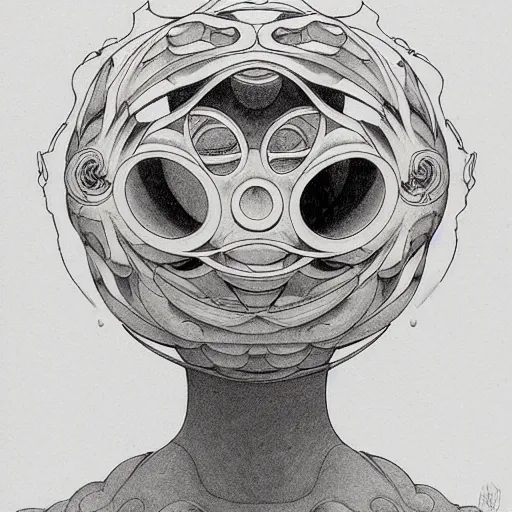 Image similar to prompt: Fragile looking vessel portrait face drawn by Katsuhiro Otomo, inspired by Escher, magical and alchemical objects on the side, soft light, white background, intricate detail, intricate ink painting detail, sharp high detail, manga and anime 2000