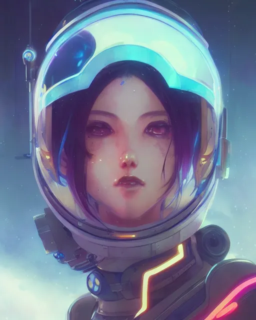 Image similar to anime visual of a female astronaut, neon, cyberpunk, futuristic, stunning, highly detailed, digital painting, artstation, smooth, soft focus, illustration, art by artgerm and greg rutkowski and alphonse mucha