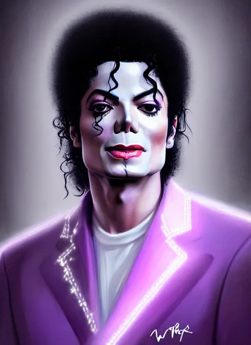 Prompt: portrait of michael jackson, purple clothes, white bangs, two color hair, black hair and white bangs, intricate, elegant, glowing lights, highly detailed, digital painting, artstation, concept art, smooth, sharp focus, illustration, art by wlop, mars ravelo and greg rutkowski