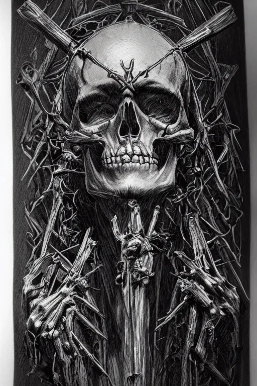 Prompt: crucified skeleton portrait album cover hyper detailed concept art sheet crosshatch sketch illustration art style by Jonathan Wayshak and Toshihiro Egawa and Zdizslaw Beksinski and Artstation trending 8k