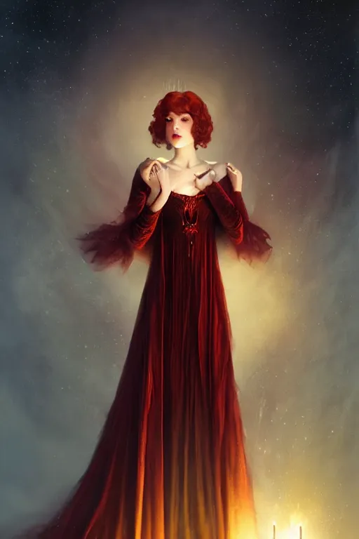 Image similar to a dark fantasy world, glowing, stars, a long-legged elegant evil woman, mysterious, ethereal, dressed in red velvet, haute couture, illustration, dramatic lighting, soft details, painting, by Edmund Blair Leighton, Brom, Charlie Bowater, trending on artstation, faces by Tom Bagshaw, Sargent