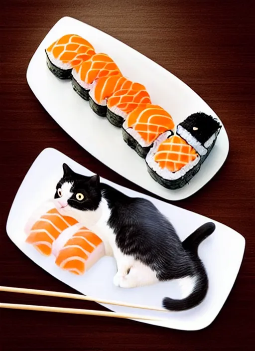 Image similar to clear photorealistic picture of adorable cats made out of sushi