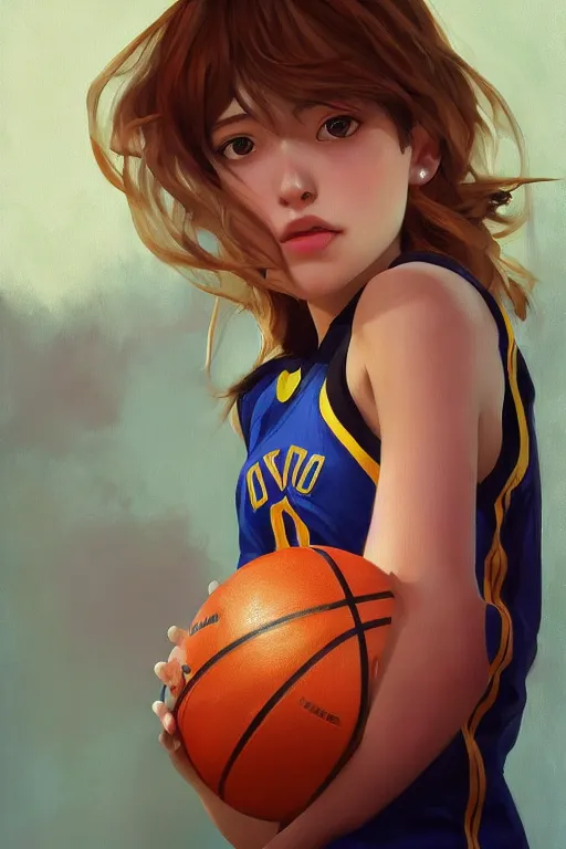 Image similar to A ultradetailed beautiful panting of a stylish girl wearing a basketball jersey, she is holding a basketball, Oil painting, by Ilya Kuvshinov, Greg Rutkowski and Makoto Shinkai