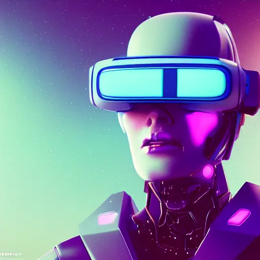 Image similar to cyberpunk cool bot, cinema 4 d, galaxy, ufo, space sci - fi, wearing vr goggles, illustration, portrait, pastel neon textured background night, trending on artstation, greg rutkowski, octane rendered, 1 2 k, detailed,