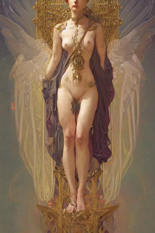 Image similar to a full body portrait of a beautiful ethereal delicate suzerain mage queen meditative sacral pose catholic stages of the cross, intricate, elegant, highly detailed, digital painting, artstation, concept art, smooth, sharp focus, illustration, art by krenz cushart and artem demura and alphonse mucha