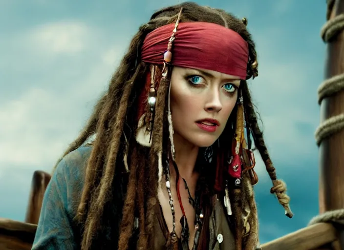 Prompt: film still of amber heard as captain jack sparrow in the new pirates of the carribean movie, 4 k