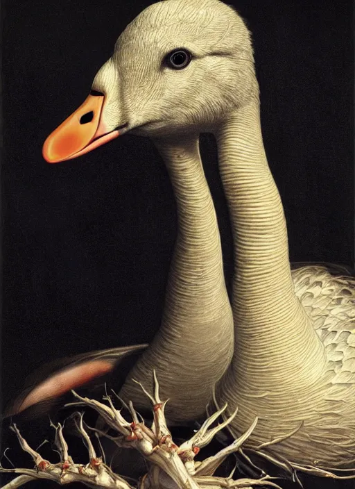 Image similar to portrait of a goose with translucent skin, visible muscles and veins and arteries and bones and spines and nerves, beautiful detailed intricate insanely detailed octane render, 8k artistic photography, photorealistic, chiaroscuro, by David Cronenberg, Raphael, Caravaggio