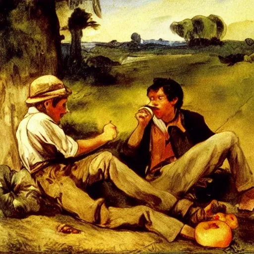Image similar to tom sawyer eating an apple, illustration by eugene delacroix