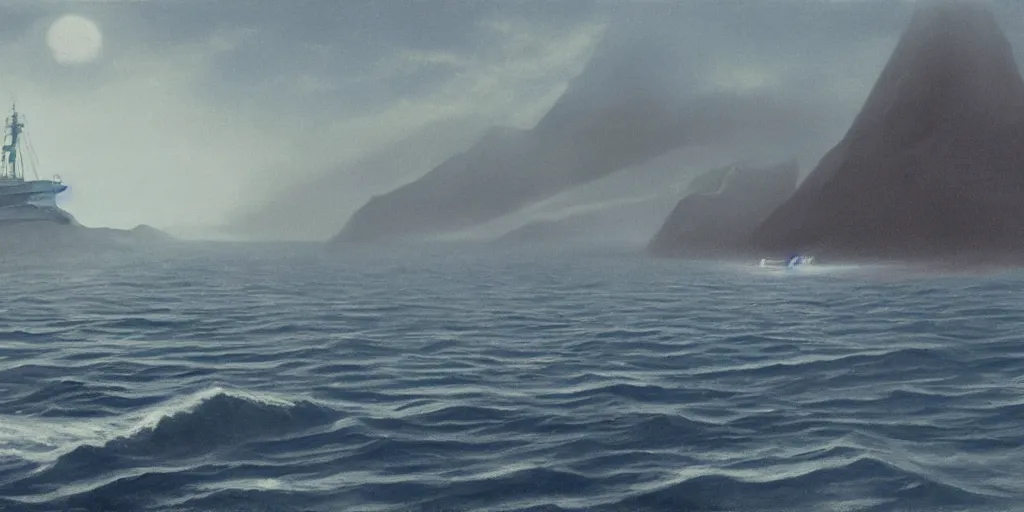 Image similar to close up of a huge ferry sailing in the sea with a vertical island in the far back, misty morning, ralph maquarrie and syd mead cinematic matte painting, 4 k